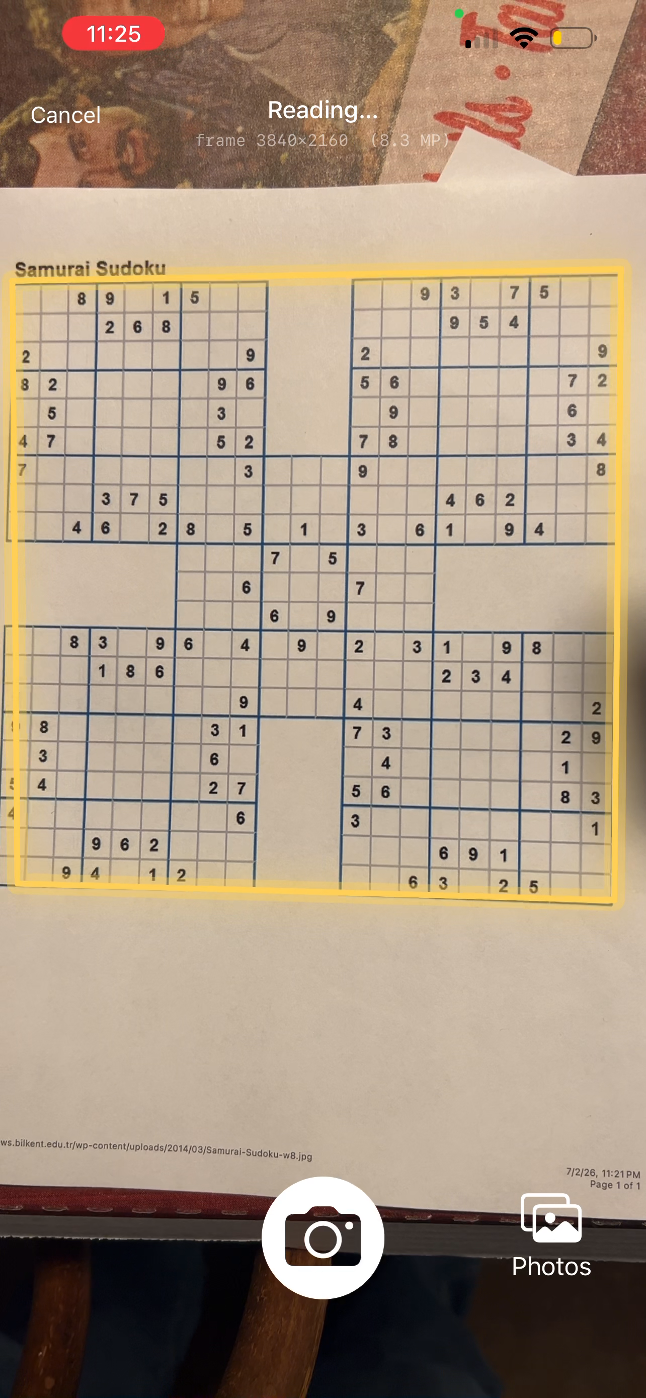 The camera scanner locked onto a printed Samurai Sudoku